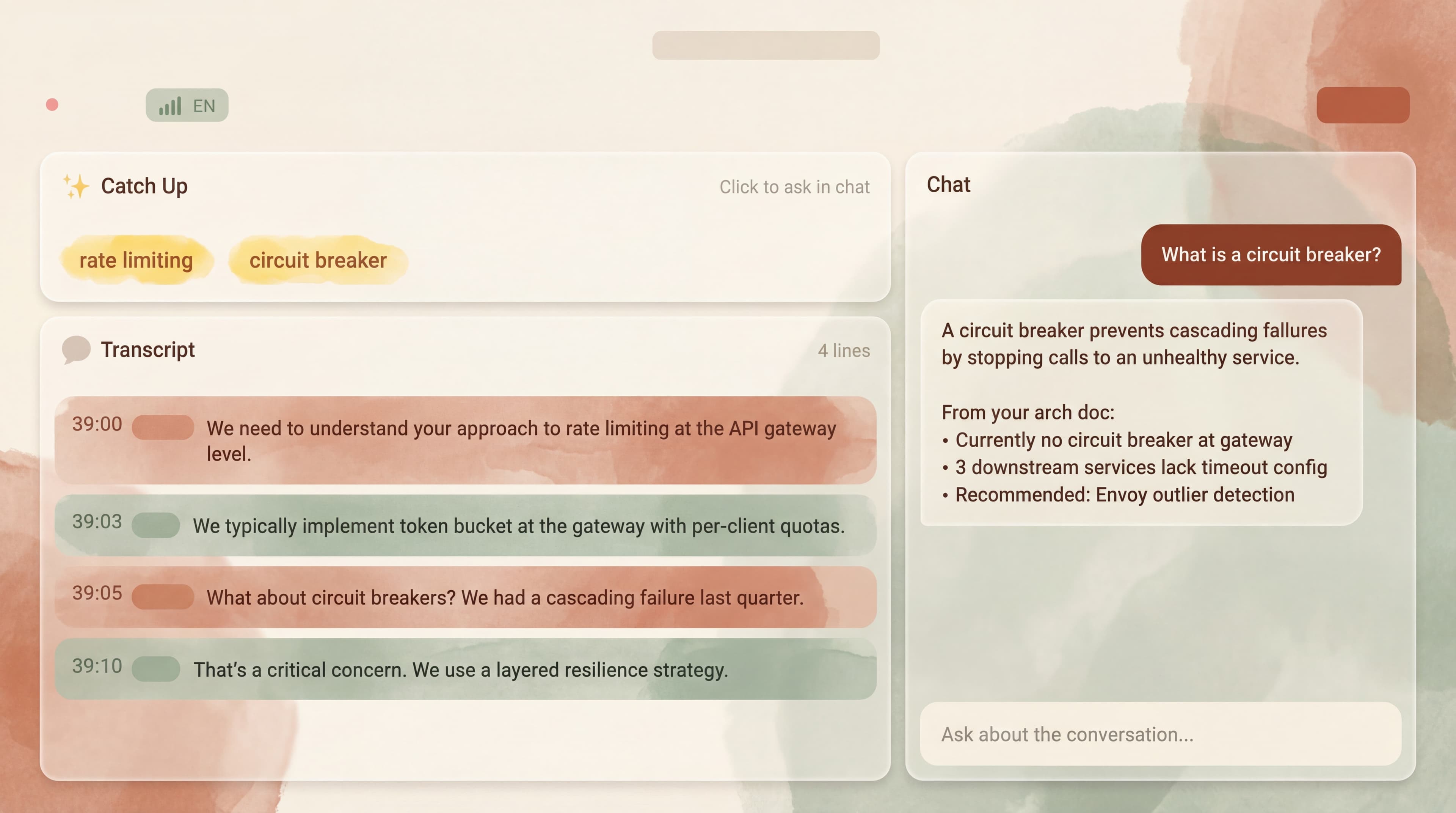 リアルタイム会議コパイロットのインターフェース：アンビエント質問検出とAIコンテキスト提案