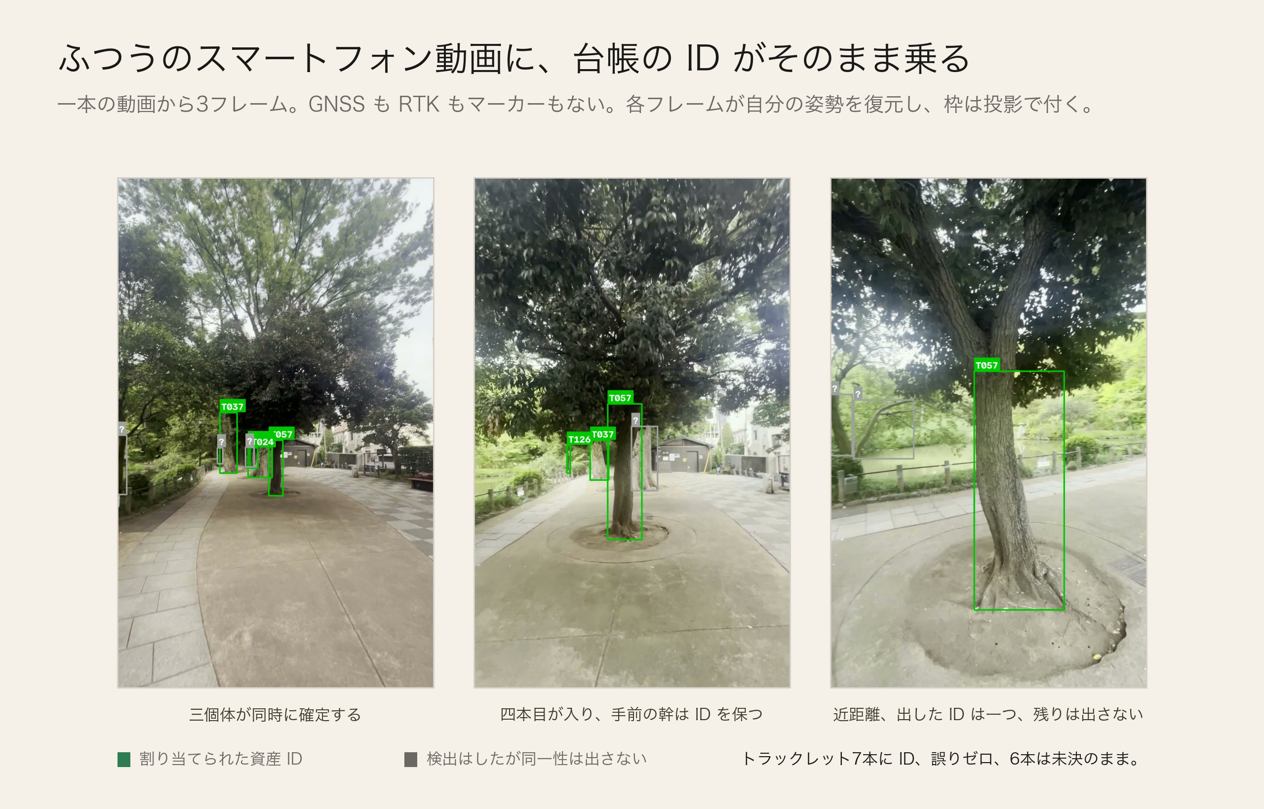 スマートフォン動画に対する対応づけ層のオーバーレイ3フレーム。幹に台帳の ID が乗っている