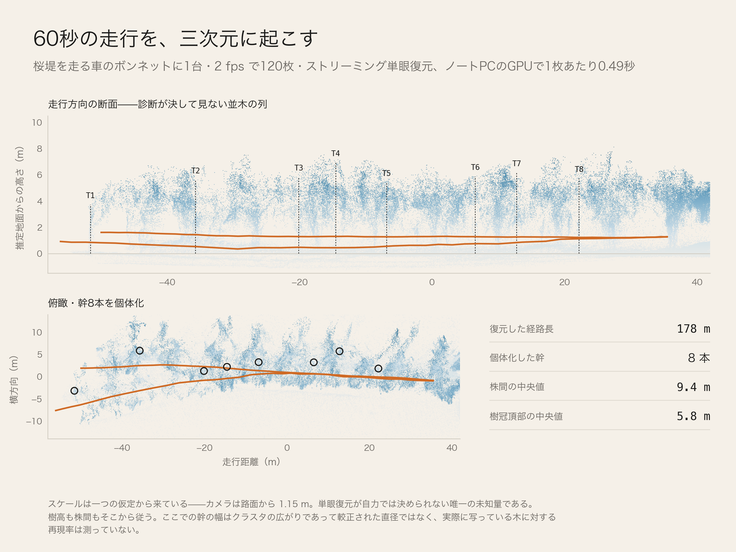 60秒の走行の復元:走行方向の断面と、幹8本を個体化した俯瞰