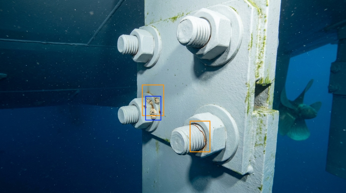 Frame from the ROV sweep showing surface corrosion and biofouling co-located on bracket B-17
